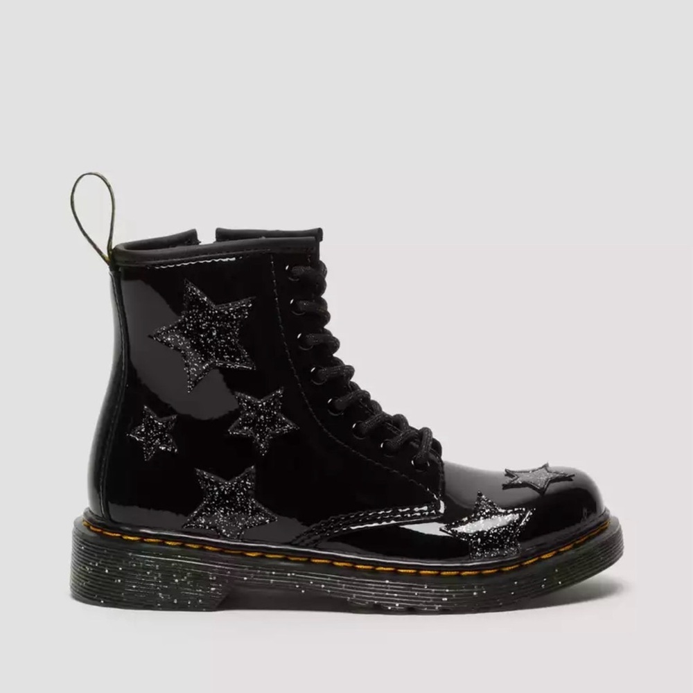 Dr. Martens Black Patent Glitter Star Lace-Up Ankle Boots